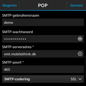 Voer Uitgaand serveradres in en zet SMTP-codering op uit. Selecteer Gereed