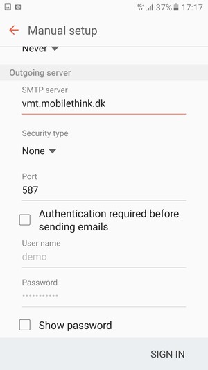 Uncheck the Authentication required before sending emails checkbox and select SIGN IN