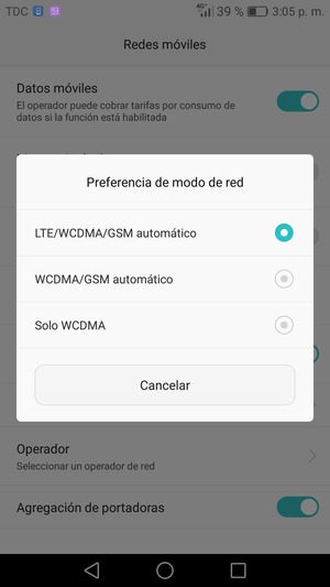 Seleccione WCDMA/GSM automático para habilitar 3G y LTE/WCDMA/GSM automático para habilitar 4G