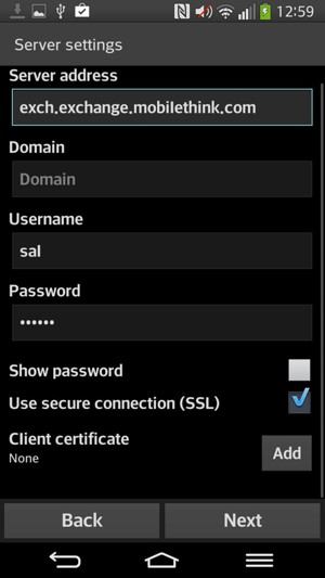 Enter Exchange server address and Username. Select Next