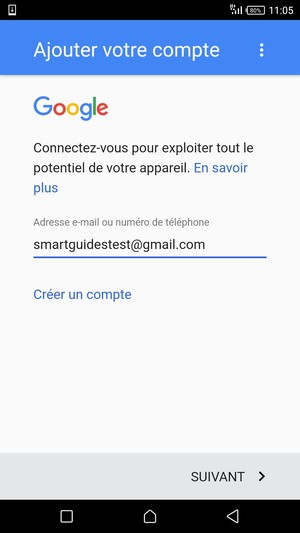 Saisissez votre adresse Gmail et sélectionnez SUIVANT