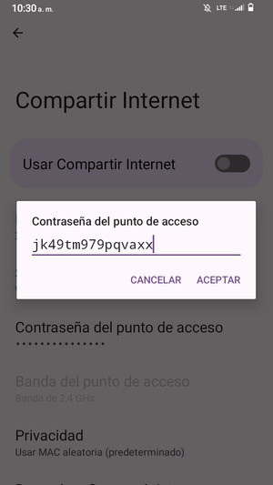 Introduzca una contraseña de punto de acceso Wi-Fi de al menos 8 caracteres y seleccione ACEPTAR