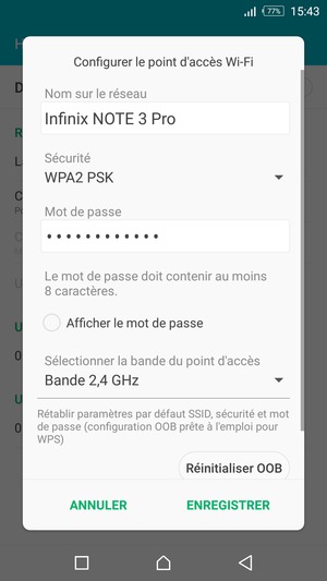 Saisissez un mot de passe de hotspot Wi-Fi d'au moins 8 caractères et sélectionnez ENREGISTRER