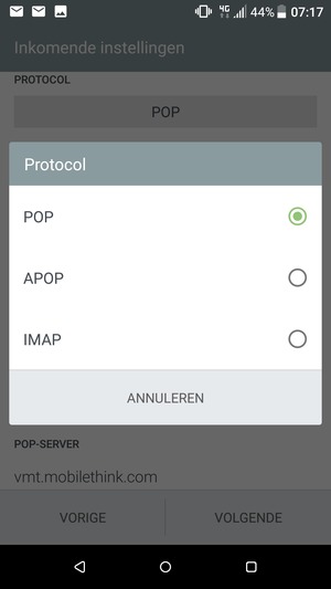 Selecteer POP of IMAP