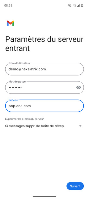 Saisissez votre Nom d'utilisateur et l'adresse du serveur entrant. Sélectionnez Suivant