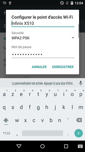 Saisissez un mot de passe de hotspot Wi-Fi d'au moins 8 caractères et sélectionnez ENREGISTRER