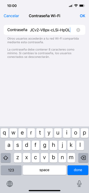 Introduzca una contraseña de punto de acceso Wi-Fi de al menos 8 caracteres y seleccione OK