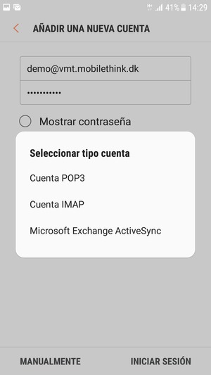 Seleccione Cuenta POP3 o Cuenta IMAP