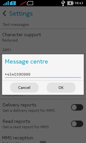 Enter the Message centre number and select OK