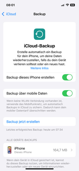 Schalten Sie Backup dieses iPhone erstellen ein