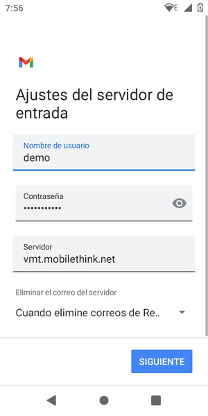 Introduzca Nombre de usuario y la dirección de servidor entrante. Seleccione SIGUIENTE