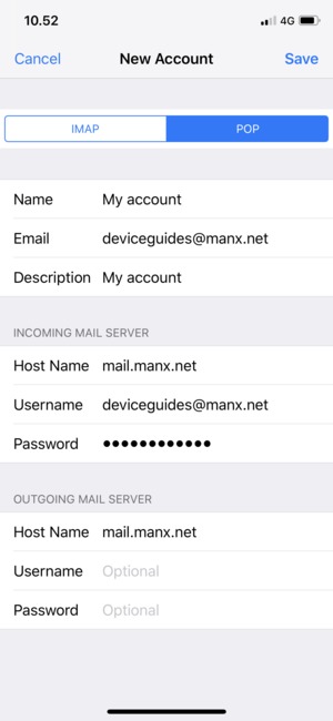 Enter email information for OUTGOING MAIL SERVER and select Save