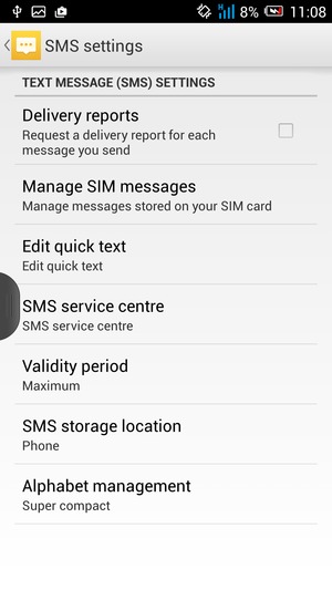Scroll to and select SMS service centre