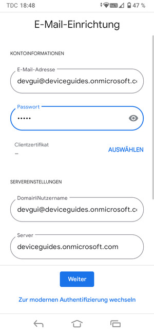 Geben Sie Benutzername und Exchange Server-Adresse ein. Wählen Sie Weiter