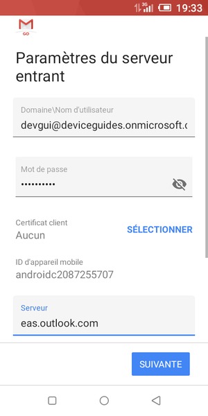 Saisissez votre Nom d'utilisateur et l'adresse du serveur Exchange. Sélectionnez SUIVANTE