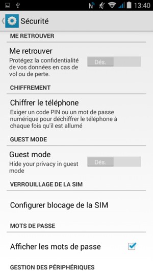 Pour modifier le code PIN de la carte SIM, retournez dans le menu Sécurité et sélectionnez Configurer blocage de la SIM