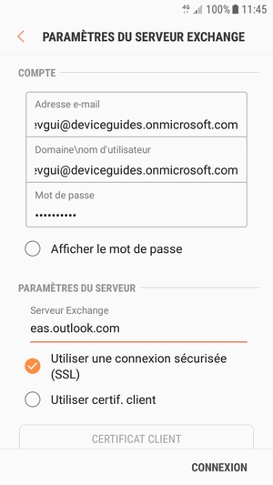 Saisissez votre Nom d'utilisateur et l'adresse du serveur Exchange. Sélectionnez CONNEXION