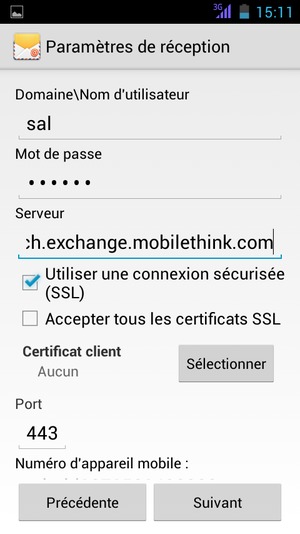 Saisissez votre Nom d'utilisateur et l'adresse du serveur Exchange. Sélectionnez Suivant