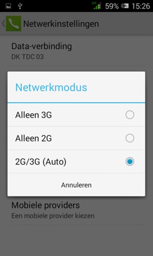 Selecteer Alleen 2G om 2G in te schakelen en 2G/3G (Auto) om 3G in te schakelen