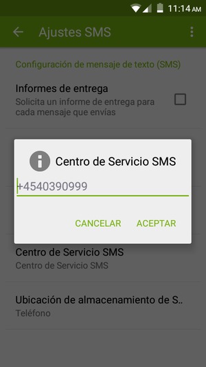 Introduzca el número de Centro de Servicio SMS y seleccione ACEPTAR