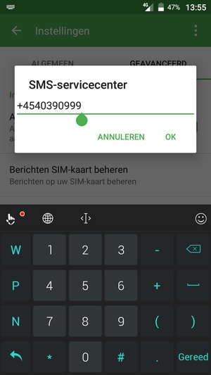 Voer het SMS-servicecenter nummer in en selecteer OK