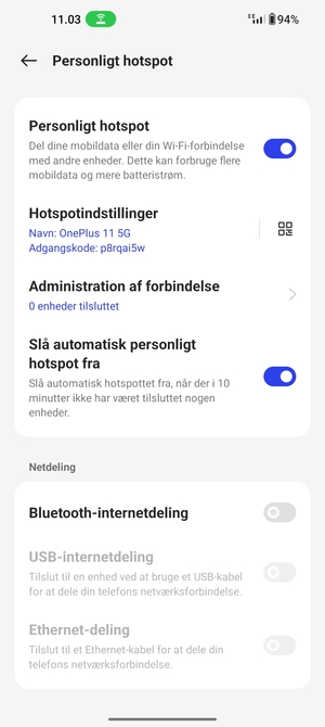 Din telefon er nu sat op til brug som modem