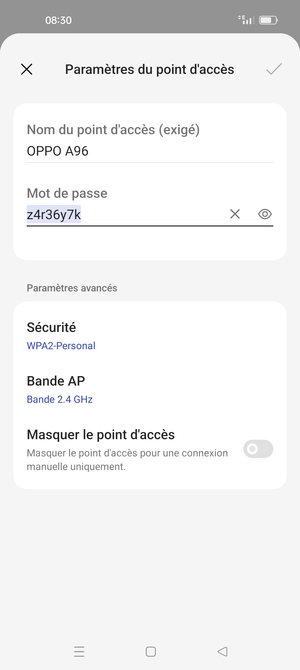 Saisissez un mot de passe de hotspot Wi-Fi d'au moins 8 caractères et sélectionnez OK