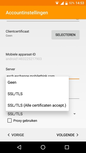 Selecteer SSL/TLS (Alle certificaten accept.) en selecteer vervolgens VOLGENDE