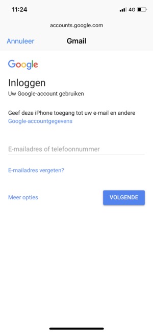 Voer uw Gmail  adres in en selecteer VOLGENDE