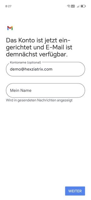 Geben Sie Ihrem Konto einen Namen und geben Sie Ihren Namen ein. Wählen Sie WEITER