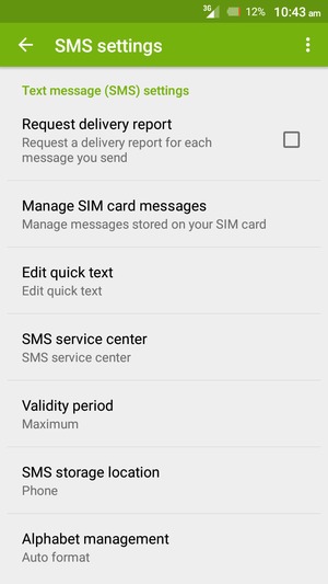 Scroll to and select SMS service center
