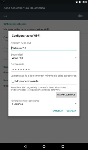 Introduzca una contraseña de punto de acceso Wi-Fi de al menos 8 caracteres y seleccione GUARDAR