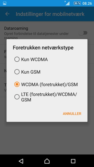 Vælg WCDMA (foretrukket)/GSM for at aktivere 3G og LTE (foretrukket)/3G/GSM for at aktivere 4G