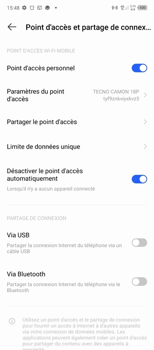 Votre téléphone est maintenant configuré pour être utilisé comme modem