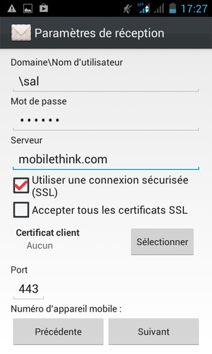 Saisissez votre Nom d'utilisateur et l'adresse du serveur Exchange. Sélectionnez Suivant