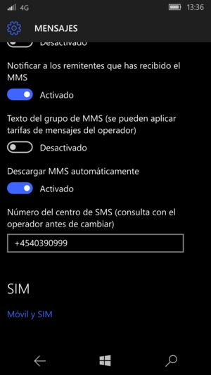 Desplácese y seleccione Número del centro de SMS