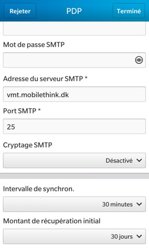 Entrez l'adresse du serveur Sortant et désactiver Cryptage SMTP. Sélectionnez Terminé