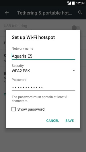 Enter a Wi-Fi hotspot password of at least 8 characters and select SAVE