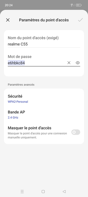 Saisissez un mot de passe de hotspot Wi-Fi d'au moins 8 caractères et sélectionnez OK