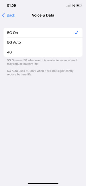 To enable 5G, select 5G On or 5G Auto