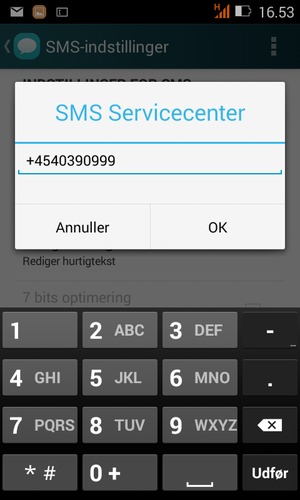 Indtast SMS Servicecenter nummeret og vælg OK