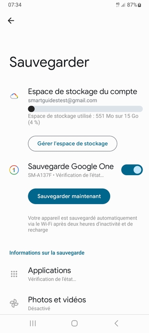 Sélectionnez Espace de stockage du compte