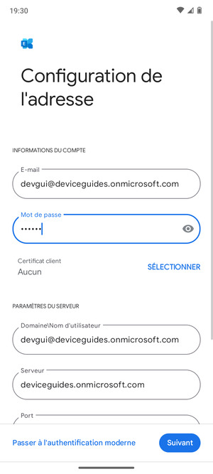 Saisissez votre Nom d'utilisateur et l'adresse du serveur Exchange. Sélectionnez Suivant