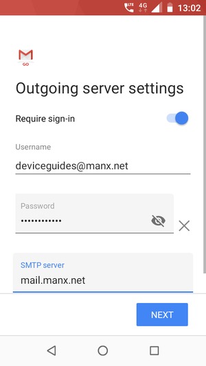 Enter Outgoing server address and select NEXT