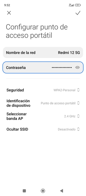 Introduzca una contraseña de punto de acceso Wi-Fi de al menos 8 caracteres y seleccione Aceptar