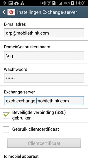 Voer Gebruikersnaam en Exchange serveradres in