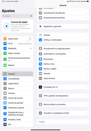 Seleccione General y Transferir o restablecer el iPad