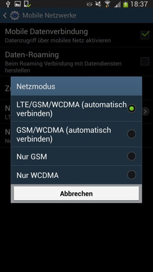 Wählen Sie  LTE/GSM/WCDMA (automatisch verbinden), um 4G zu aktivieren