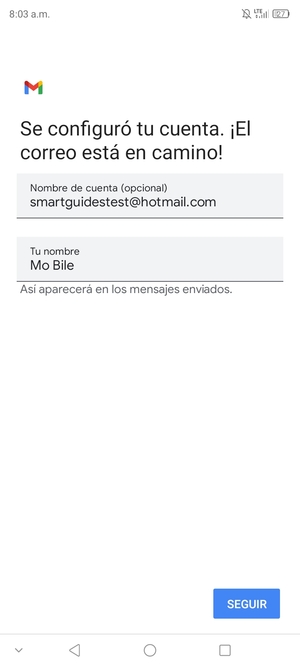 Déle a su cuenta un Nombre y escriba Su nombre. Seleccione SEGUIR