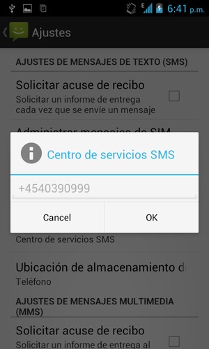 Introduzca el número de Centro de servicios SMS y seleccione OK